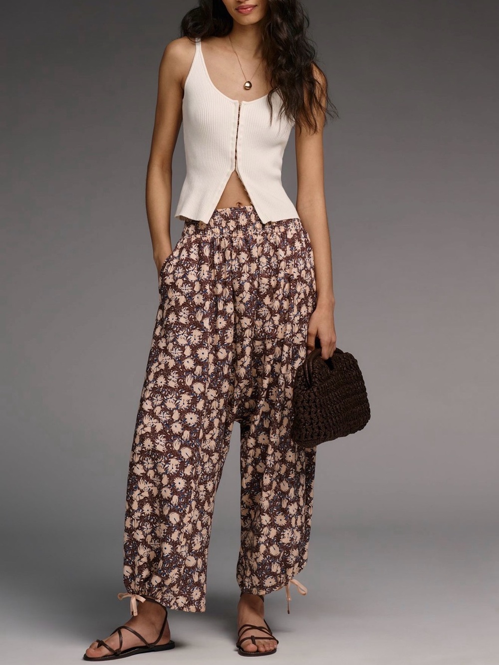 ANTHROPOLOGIE Draped Harem Pants Pull On Smocked Waist Brown Floral Size XL